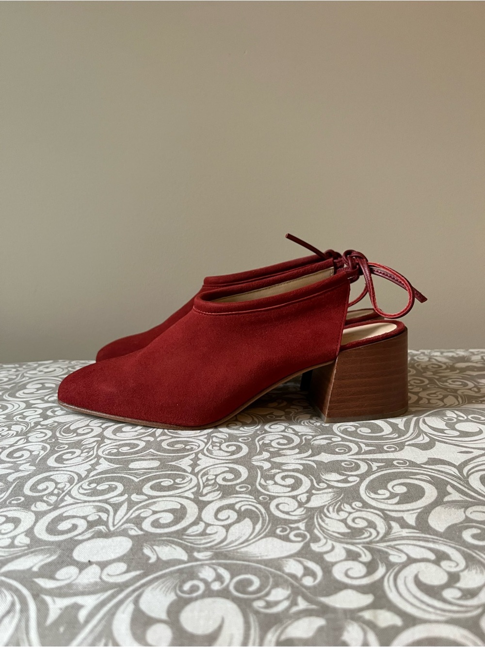 COS Dark Red Suede Block Heel Shoes with Ties